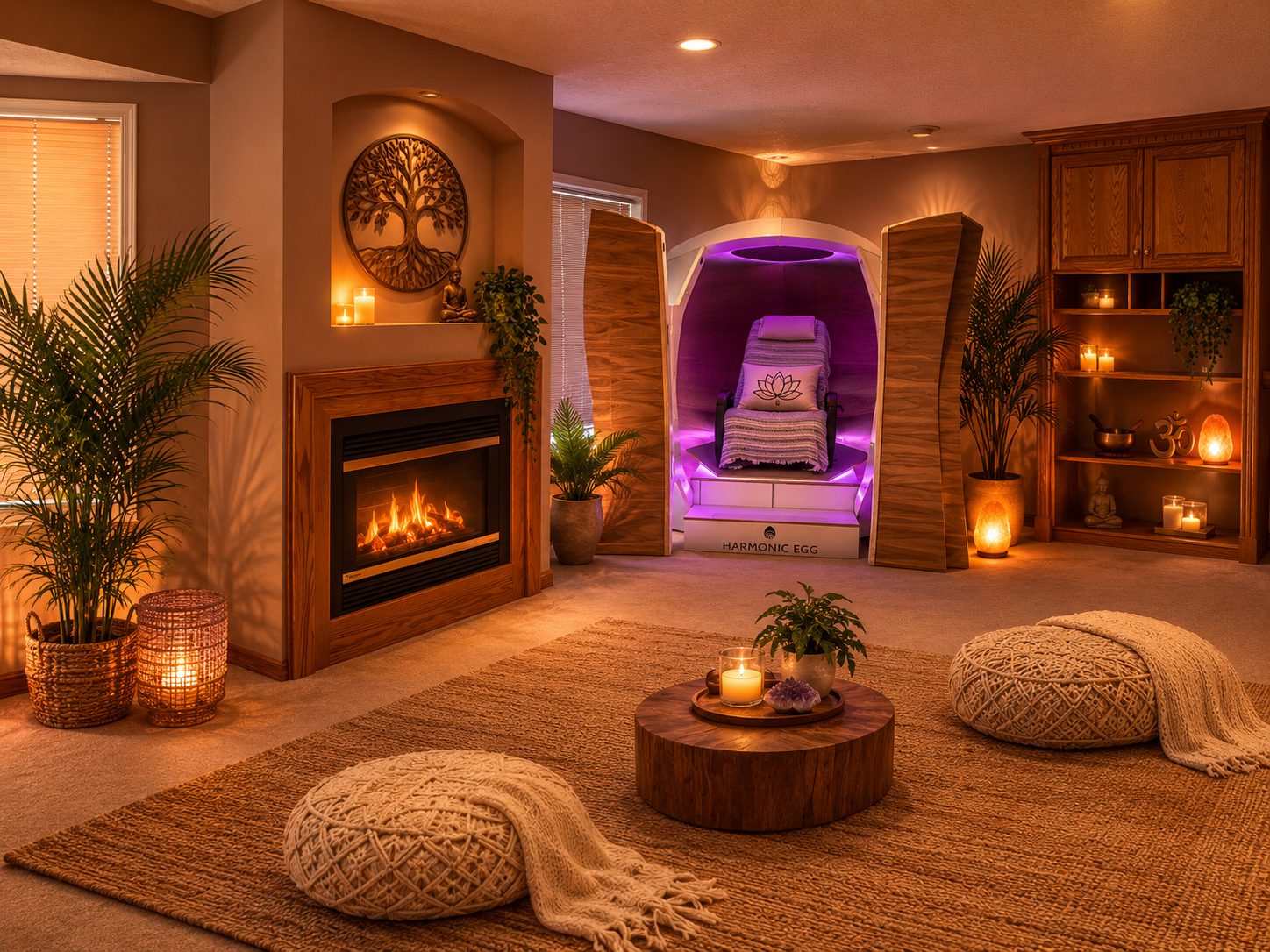 The Harmonic Egg pod glowing softly beside a fireplace, plants and candlelight
