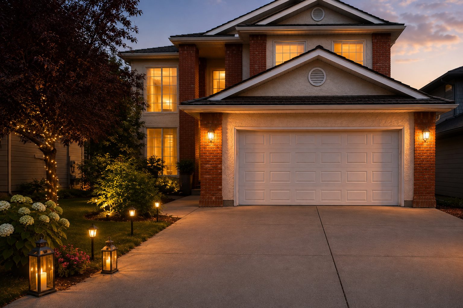 WITHIN home at dusk, warm lantern light along the entrance